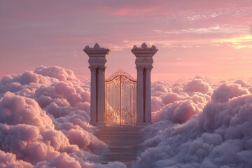 Fototapeta premium Gate for Heaven and Paradise Entrance on Clouds at Sunrise