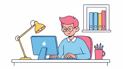 Cartoon photo of a man working at a modern desk setup, clean outlines, bright pastel colors, simplified objects, expressive focused face, smooth gradients, cheerful and professional vibe