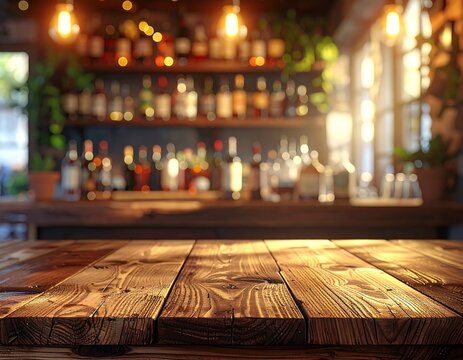 Warm, inviting bar interior features a polished wooden table surface and a blurred background of illuminated liquor bottles - Powered by Adobe