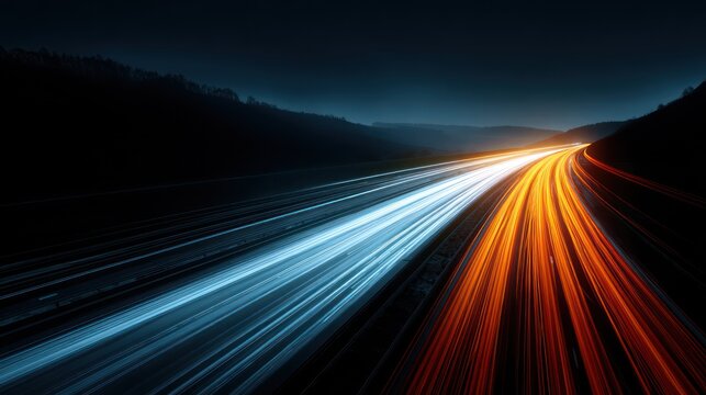 Dynamic Sci-Fi Highway with Orange-Blue Neon Streaks at Night