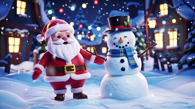 Cute Cartoon Santa Claus and Snowman Waving in Snowy Village Christmas Animation - Powered by Adobe