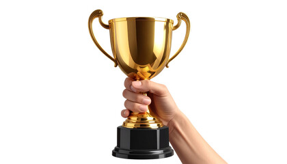 Winning trophy held in hand isolated on white background, victory and achievement illustration, success symbol, championship award, motivational sports celebration PNG.