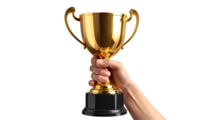 Winning trophy held in hand isolated on white background, victory and achievement illustration, success symbol, championship award, motivational sports celebration PNG.