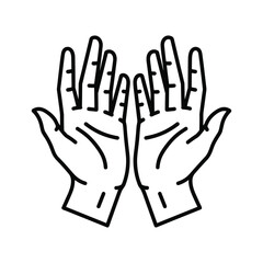 Black and white line art illustration of two open human hands facing forward, isolated on