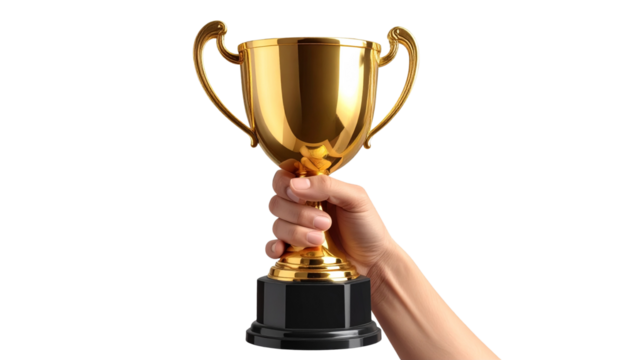 Winning trophy held in hand isolated on white background, victory and achievement illustration, success symbol, championship award, motivational sports celebration PNG.
