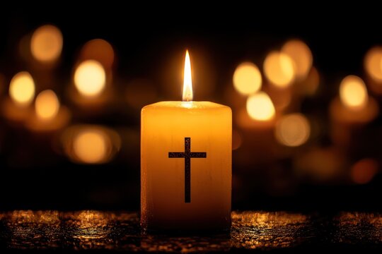 Candle Flame Casting Warm Glow Against Dark Religious Backdrop