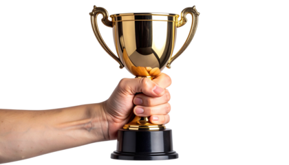 Winning trophy held in hand isolated on white background, victory and achievement illustration, success symbol, championship award, motivational sports celebration PNG.