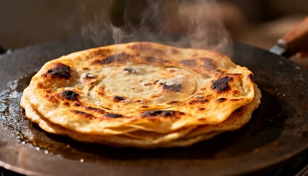 Cooking flaky paratha on a hot griddle with steam rising, savory bread cooking