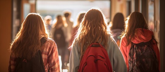 Students walk through a school hallway seen from behind Warm light highlights their backpacks and creates an atmospheric scene capturing everyday student life and the mood of a busy school morning