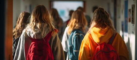 Students walk through a school hallway seen from behind Warm light highlights their backpacks and creates an atmospheric scene capturing everyday student life and the mood of a busy school morning