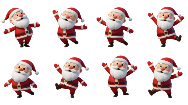 Collection of small jolly bearded figures wearing red suits posing joyfully for winter holiday greeting and seasonal design isolated on transparent background