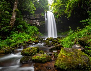Waterfall descends into a mossy stream through a dense green forest with rocky banks and a dark, rocky cliff backdrop