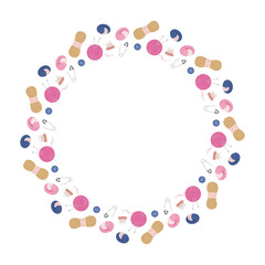 Colorful knitting supplies create a cheerful border around a blank center space