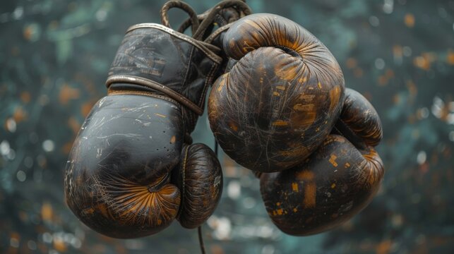 Worn vintage boxing gloves suspended in a dimly lit ring, evoking history and nostalgia