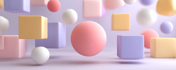Calm Pastel 3D Geometric Floating Elements Background, Pastel Abstract 3D Scene Featuring Floating Shapes for Clean Modern Layouts, Minimal Creative Artwork, Creative Designs and Digital Presentations