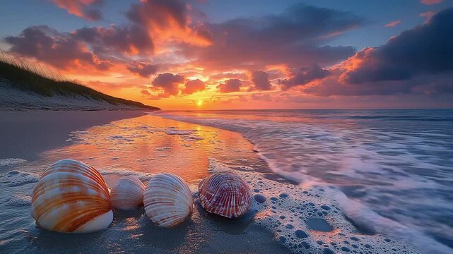 Colorful seashells resting on a wet sandy beach at a dramatic ocean sunset with vibrant sky reflections.