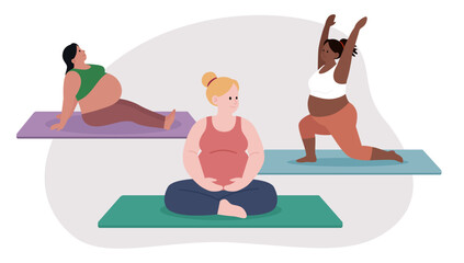 Three pregnant women performing different yoga poses on mats. Yoga for Pregnancy and Bieth.