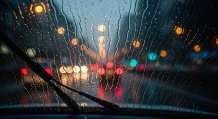 Raindrops on car windshield with blurred lights and windshield wipers