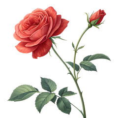 A detailed illustration of a red rose with a bud and green leaves on a white background art