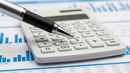 Close-up of a calculator and pen on financial documents with graphs - 4K Footage Accounting, business, finance, and analysis concepts - Powered by Adobe
