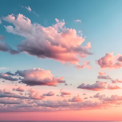 A scenic view of pink and white clouds scattered across a vibrant blue sky at sunset time