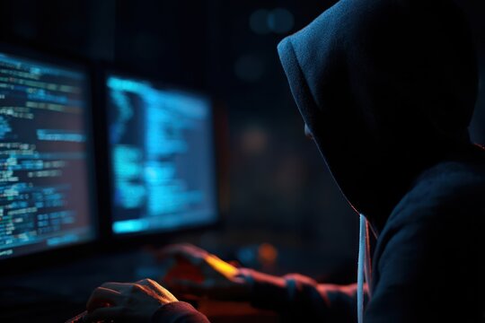 Intense Hacking Session: Glowing Screen Reflects on Hooded Face