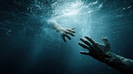 Hand reaching out for help underwater with other hand coming to the rescue 