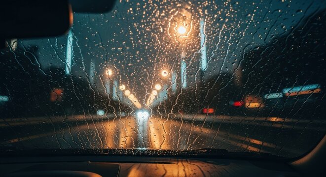 Rain drops on a car windshield while driving at night in the city
