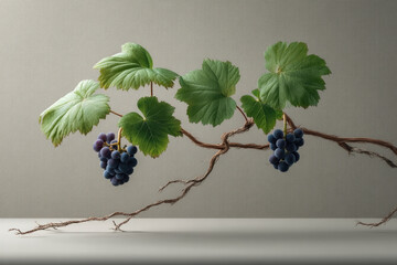 Naklejka premium Grape vine with green leaves and clusters of ripe purple grapes on twisted branches, minimal background, natural beauty