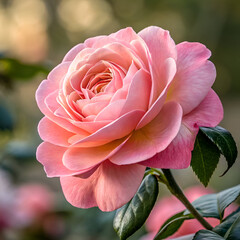 A close up shot of a pink rose in full bloom with green leaves and a blurred background outdoors