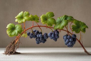 Naklejka premium Grape vine with lush green leaves and clusters of ripe purple grapes, roots exposed, studio lighting, natural background