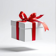 A white gift box, floating in mid-air, adorned with a red ribbon bow