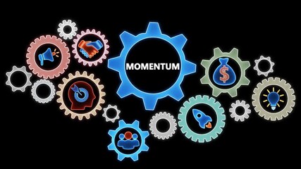 Business gears interlocked with icons representing teamwork ideas innovation marketing finance and growth driving momentum forward in a dynamic abstract concept animation
