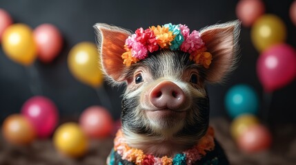 A charming piglet wearing a flower crown and colorful decorations joyfully poses against a backdrop of vibrant balloons