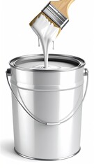 White paint pouring from a can with a paintbrush