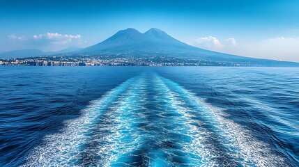 Vesuvius view, ship wake, coastal city, Italy travel