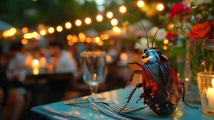 A cockroach on a table amidst flickering candles and flowers captures an ironic moment in a lively setting