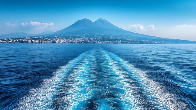 Vesuvius view, ship wake, coastal city, Italy travel - Powered by Adobe