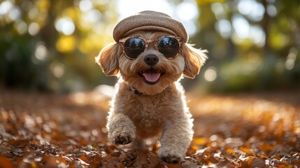 A cheerful dog dashes through a carpet of golden leaves, exuding joy and style under the warm autumn sun
