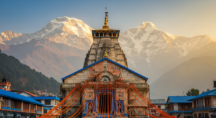 Majestic Kedarnath Temple illuminated at sunrise with snow-capped Himalayan mountains backdrop