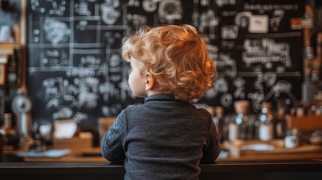A young child with curly hair admires an array of artistic sketches, fostering an atmosphere of creativity and wonder