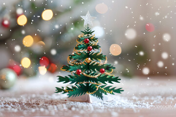 Obraz premium Miniature Handcrafted Christmas Tree with Red and Gold Decorations, Cozy Festive Macro