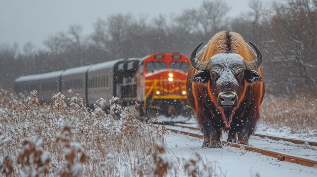 A lone bison stands on snowy tracks as a train approaches, set against a peaceful winter backdrop