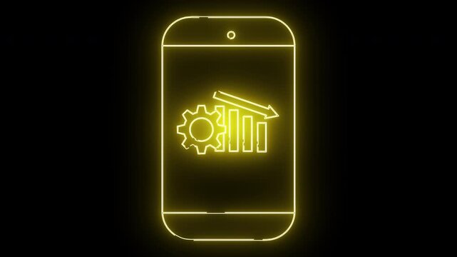 Luminous neon yellow graphic of a smartphone displaying gear bar graph  arrow over black background