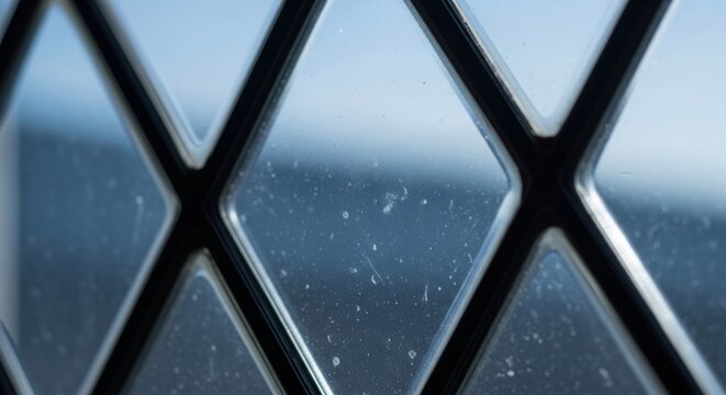 Close-up of smudged diamond-shaped glass window panes