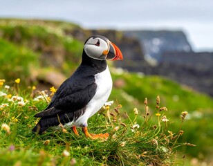 A vibrant Atlantic puffin perched amidst green grass on a cliffside, with ocean view in background