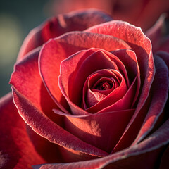 A close up view of a dark red rose with soft lighting highlighting the petal edges and center swirl