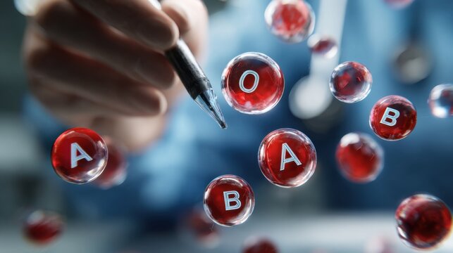 A hand is writing the letters "a o b" on red liquid cells floating in the air, with a background of a laboratory with blue walls, macro photography, close-up shot. - Powered by Adobe