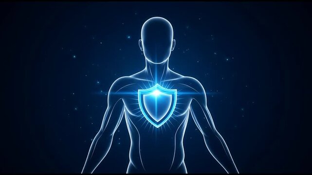 Human body with shield protecting chest, immune system defense concept