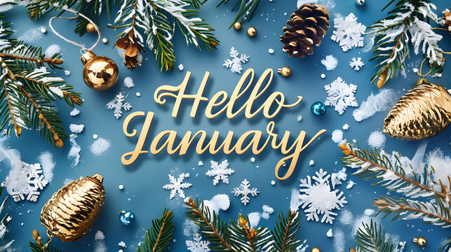 Festive hello january design with frosty pine branches and snowflakes for seasonal greeting cards - Powered by Adobe